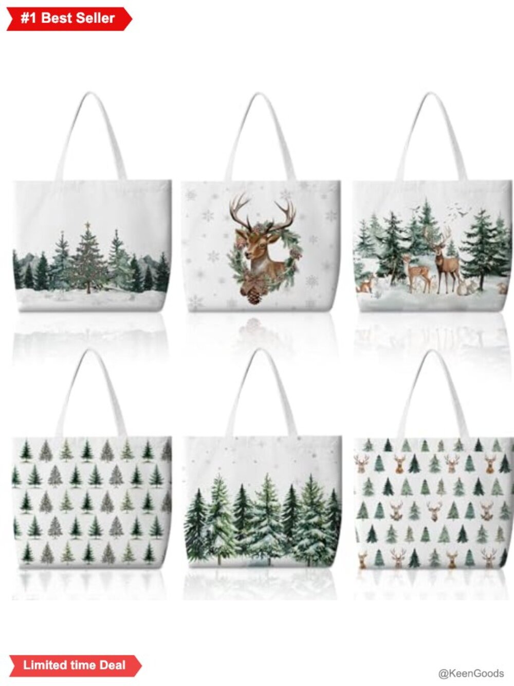 6 Pc Christmas Canvas Tote Bags Reusable Grocery Shopping Gift Set